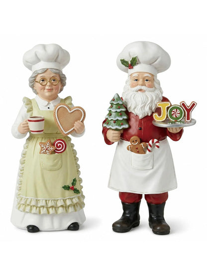 Chef Papai Noel Decorativo e Enfeite de Natal Casal Papai Noel e Mamãe Noel Cozinheiros Resina 13cm