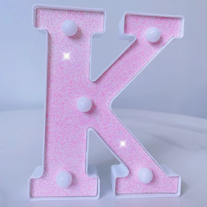 Letra de LED para letreiro de letreiro, letras rosa iluminadas com glitter alfabeto letrado