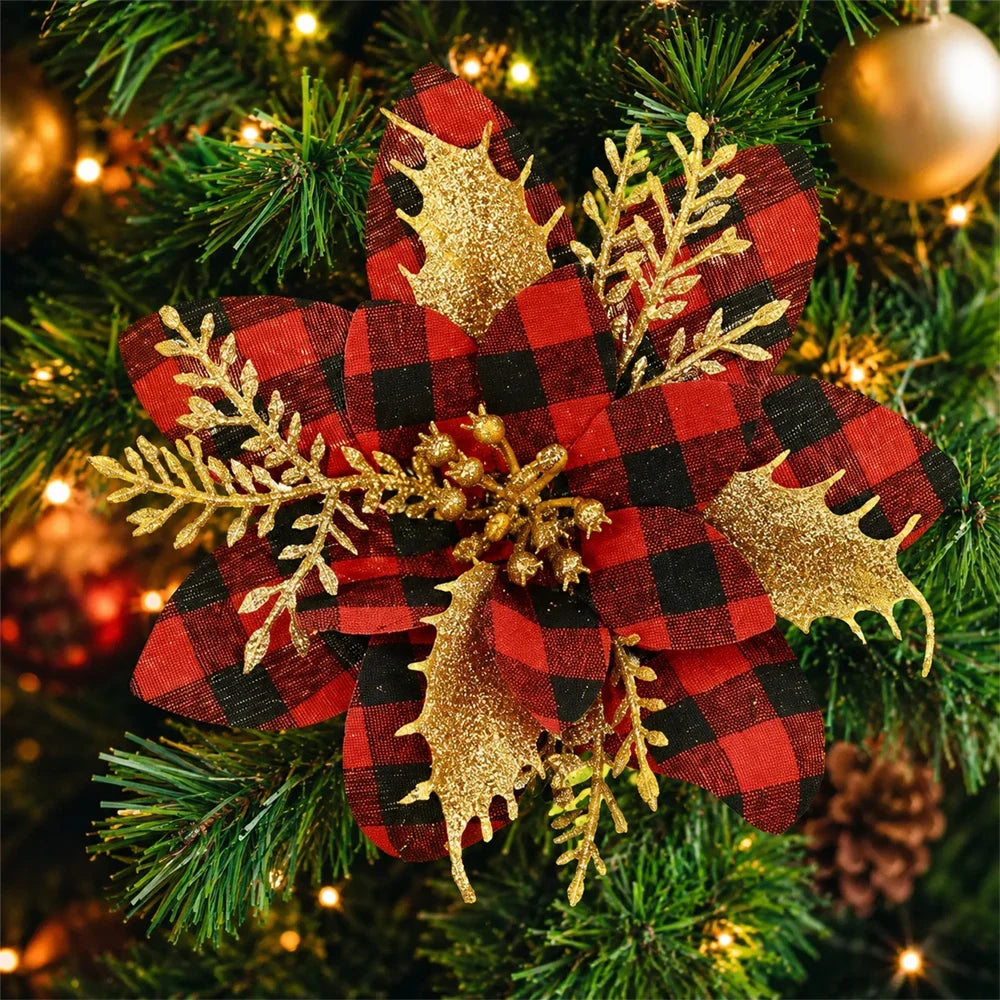 Flor de Poinsétia Artificial Xadrez para decoração de Natal, Tamanho: Cerca de 14 cm a 14,5 cm de largura.
