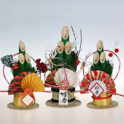 Vaso Três Tubos Leque Dourado com Placa de Madeira, Adorno de Mesa de Ano Novo Japonês (Kadomatsu)