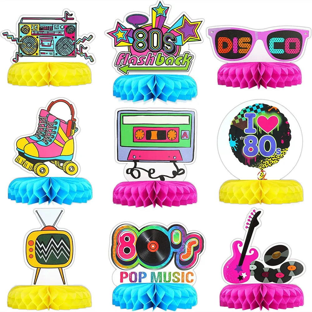 9 Peças decoração para festa dos anos 80, centro de mesa retrô em formato de favo