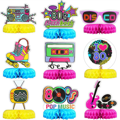 9 Peças decoração para festa dos anos 80, centro de mesa retrô em formato de favo