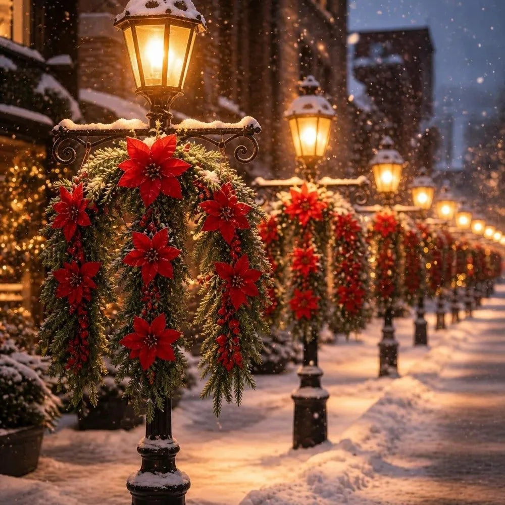 Enfeite é um Arranjo Pendente de Natal Artificial, Flores de Poinsétia Vermelho e Folhagem Pinheiro