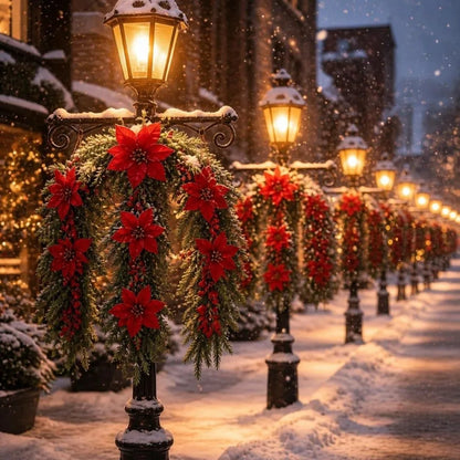 Enfeite é um Arranjo Pendente de Natal Artificial, Flores de Poinsétia Vermelho e Folhagem Pinheiro