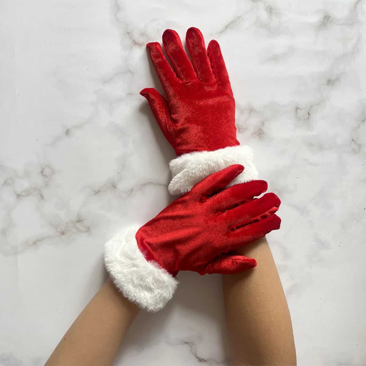 Luva de Natal para Fantasia Papai Noel Veludo com Pelo Branco, Par de Luvas Papai Noel Luxo Aveludada