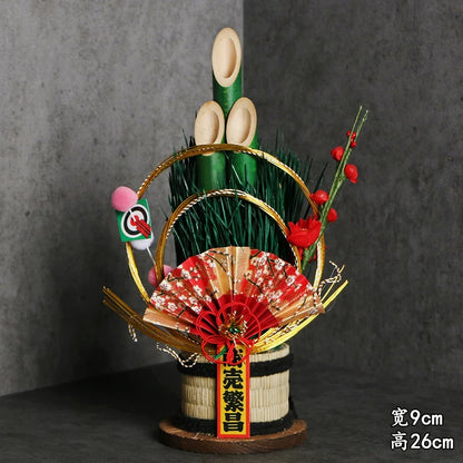 Vaso Três Tubos Leque Dourado com Placa de Madeira, Adorno de Mesa de Ano Novo Japonês (Kadomatsu)