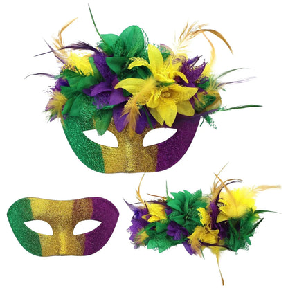 Bandanas de carnaval, roxo, amarelo, verde, penas falsas, para carnaval e máscara