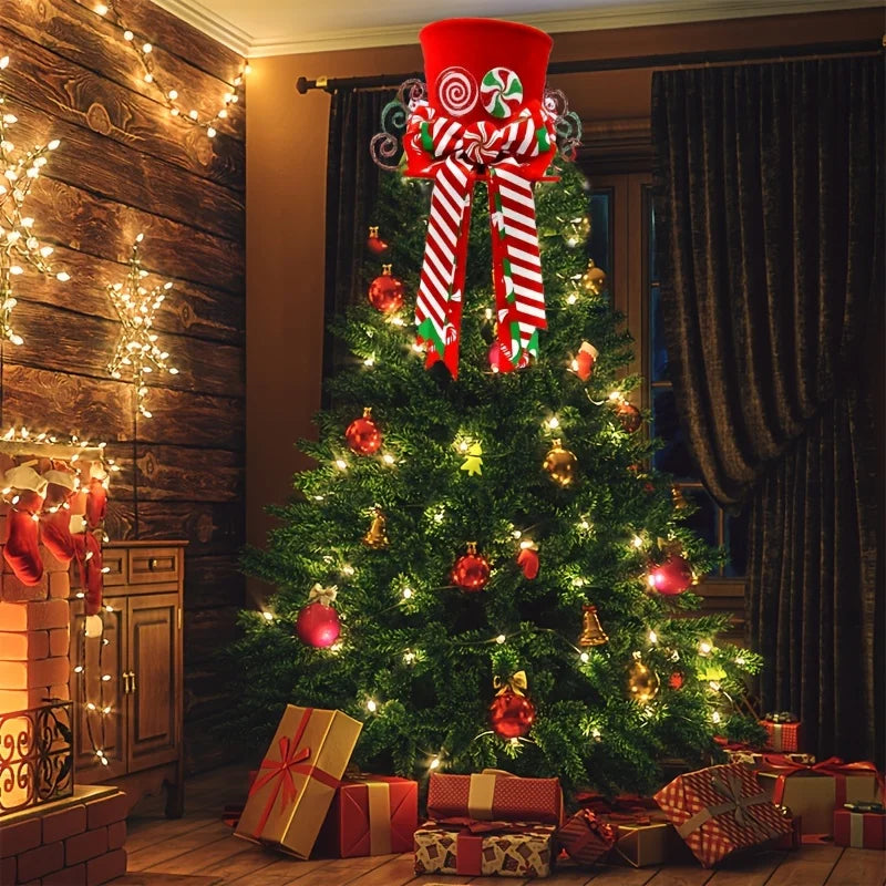 Ponteira Decorativa Árvore de Natal, Enfeite de Árvore Natalina Chapéu Vermelho com Bengalas