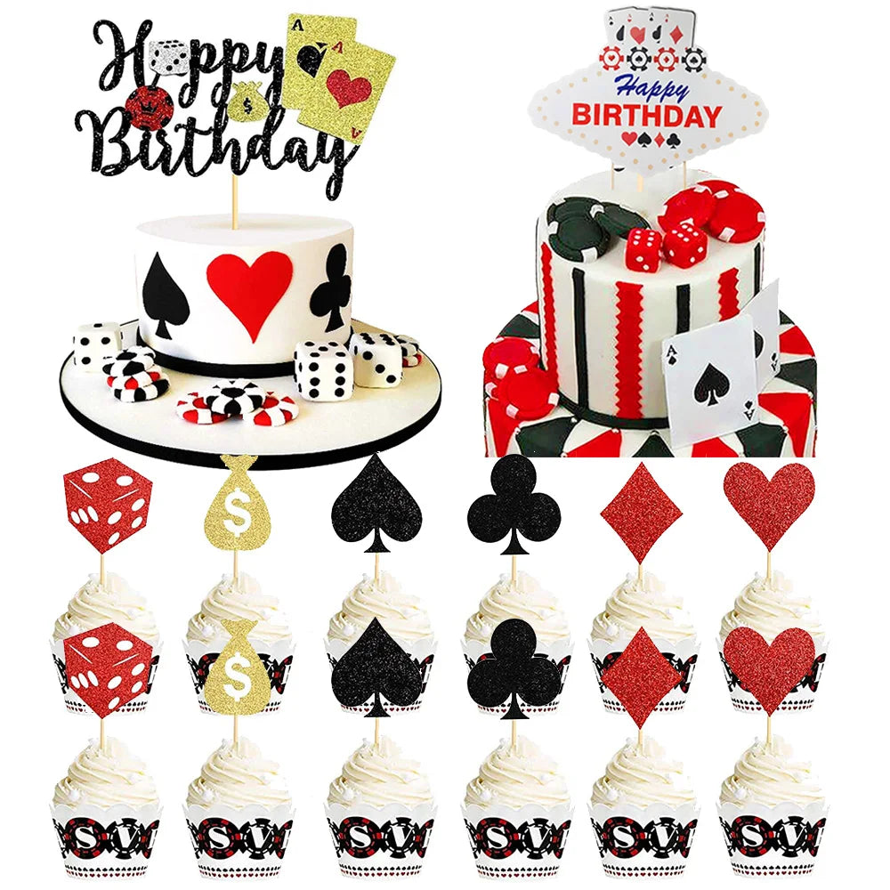 Cassio Poke 25 Peças de topo de cupcake com glitter, tema Vegas, palitos de dente e palitos