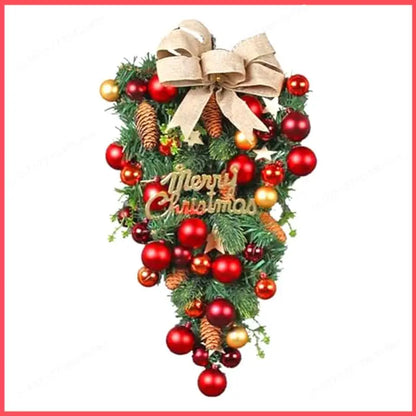 Guirlanda de porta de guirlanda artificial e guirlanda nevada natal com laço vermelho