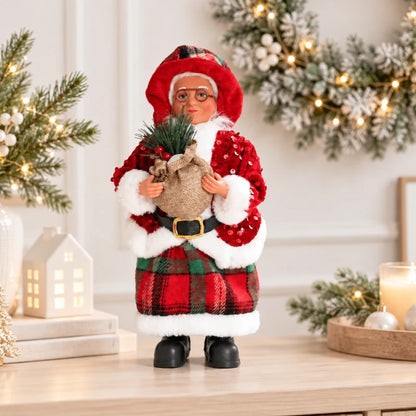 Mamãe Noel Decorativa de Mesa 30cm Roupas Xadrez e Saco Presentes, Enfeite de Natal Luxo 30cm Natalina