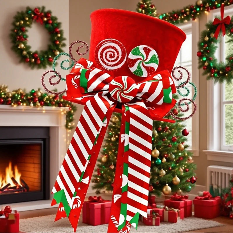 Ponteira Decorativa Árvore de Natal, Enfeite de Árvore Natalina Chapéu Vermelho com Bengalas
