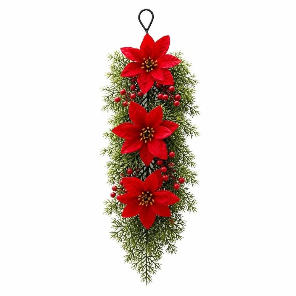 Enfeite é um Arranjo Pendente de Natal Artificial, Flores de Poinsétia Vermelho e Folhagem Pinheiro