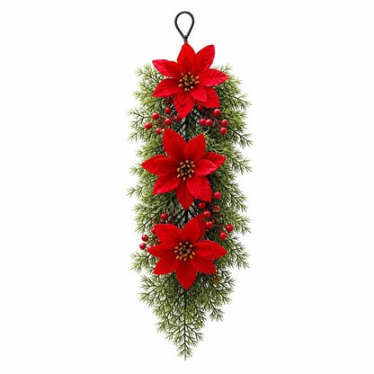 Enfeite é um Arranjo Pendente de Natal Artificial, Flores de Poinsétia Vermelho e Folhagem Pinheiro