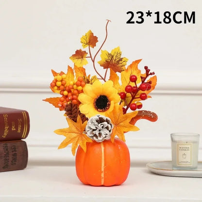 Festa Junina Abóbora artificial com flores, decoração de ação de graças com folhas bordo