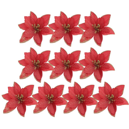 Flores Natal Glitter Artificial 10/100 peças de Enfeite de Árvore de Natal de Poinsétia Glitter