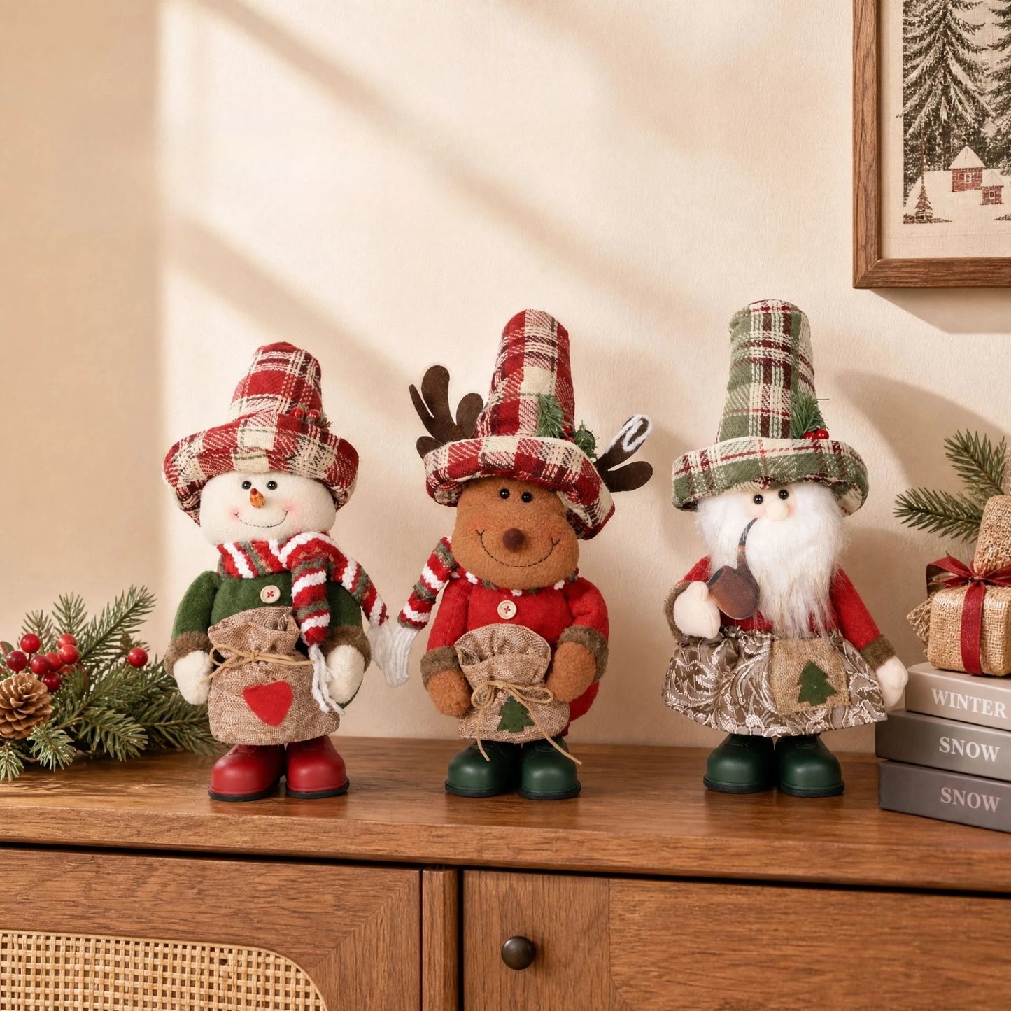 Boneco Ornamentos de Boneco Pelúcia Natal Papai Noel Sentado Boneco de Neve e Alce