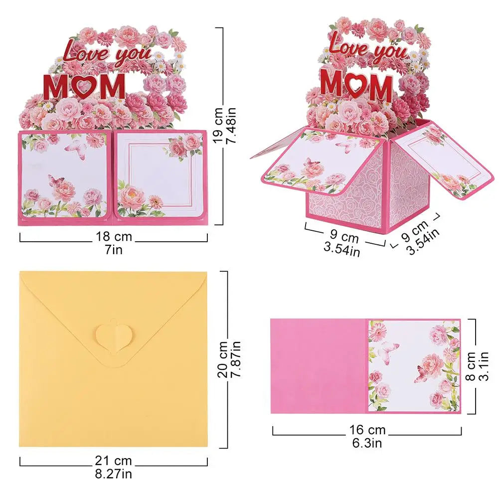 Cartão pop-up feliz Dia das Mães, buquê de flores 3D cartão comemorativo com envelope