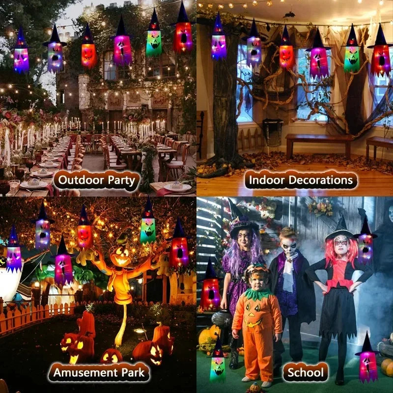 10 Peças de decoração suspensa de Halloween, chapéus de bruxa fantasma iluminados