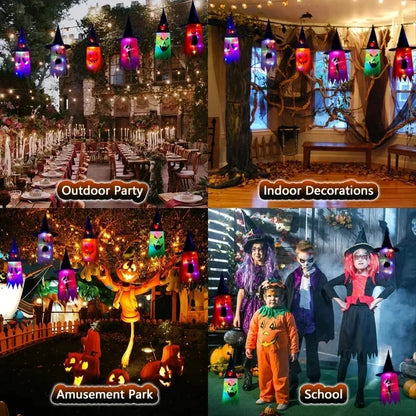 10 Peças de decoração suspensa de Halloween, chapéus de bruxa fantasma iluminados