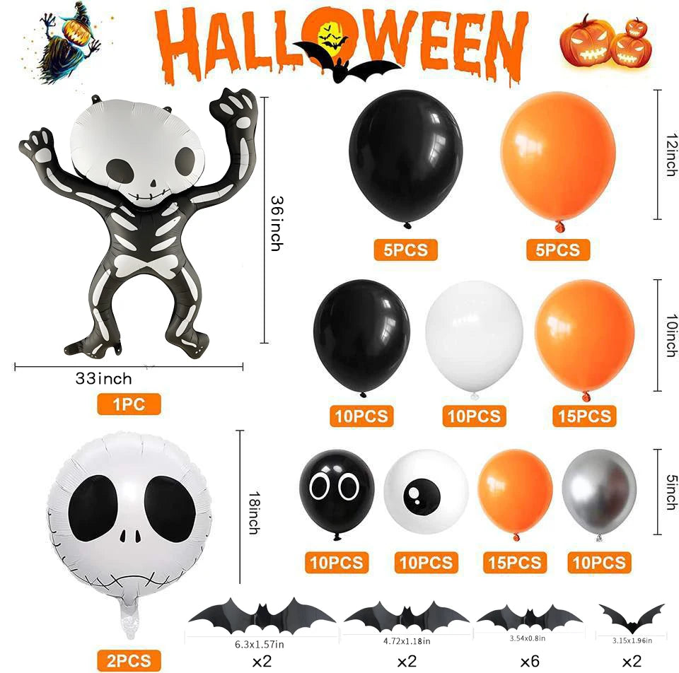 Balão Halloween, Balões látex coloridos com teia aranha - Guirlanda balões preto laranja