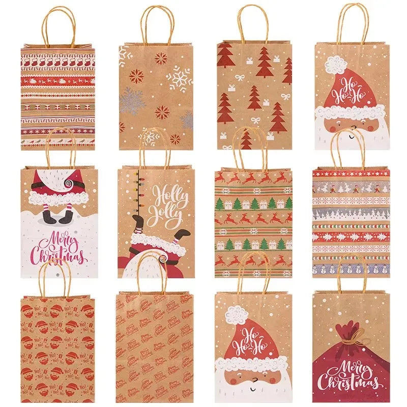 Kit de Sacolas Kraft para Embalagem e Presente - Estampa de Natal - 5 unidades -Natalina