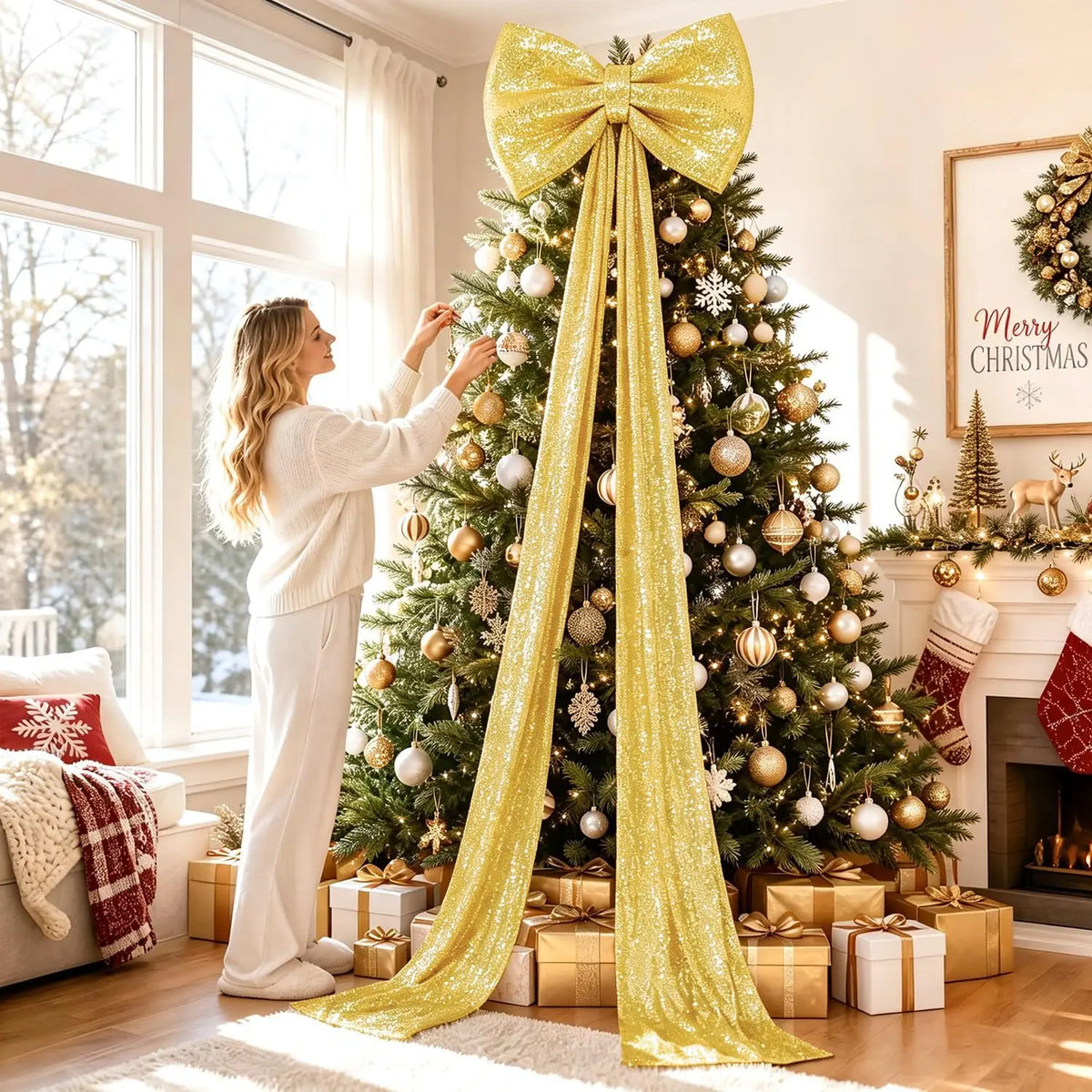 Laço Decorativo Shopping Gigante de Cor Rosa com Fitas Longas Penduradas no Topo de uma Árvore de Natal