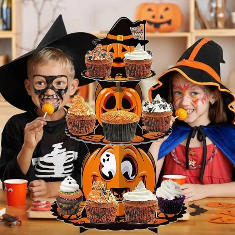 Suporte de Cupcake de Halloween de 3 Camadas Torre e Bolo Torre Morcego de Abóbora