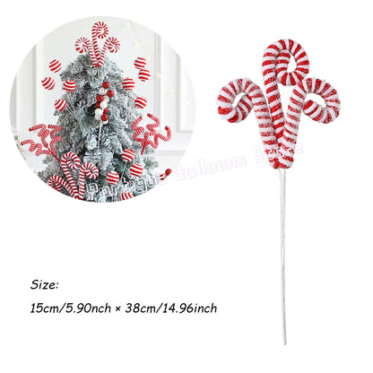 Buquê Bolas Listradas Natal, Palitos de Lã Vermelhos e Brancos, Lantejoulas para Árvore