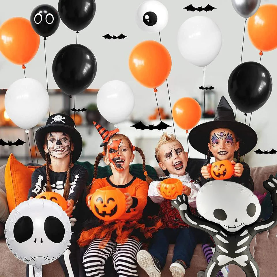 Balão Halloween, Balões látex coloridos com teia aranha - Guirlanda balões preto laranja