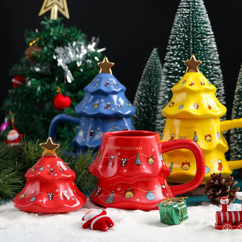 Canecas de Cerâmica em Formato de Árvore Natal Tampa e Detalhes Coloridos Capacidade/*401ml*500ml