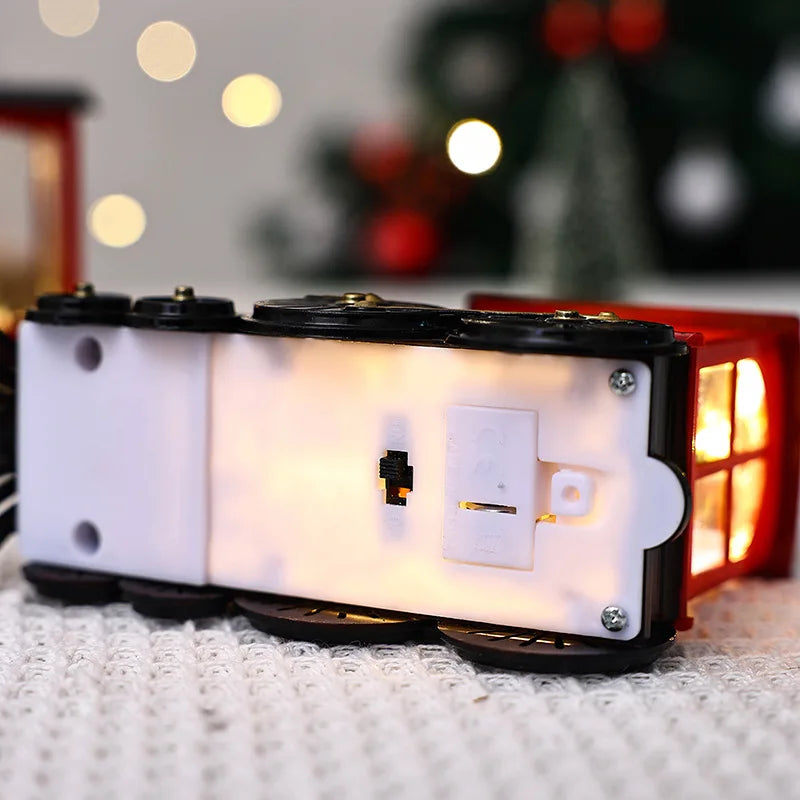 Trem de Natal iluminado, de neve requintado globo de neve estatueta de trem de Papai Noel