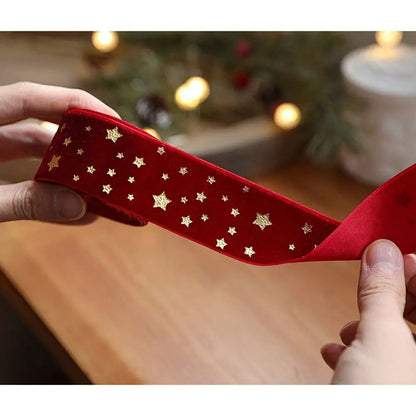 Fita de Natal de Veludo com Estampa de Estrela de Cetim e Seda de 2.5cm*5 Metros