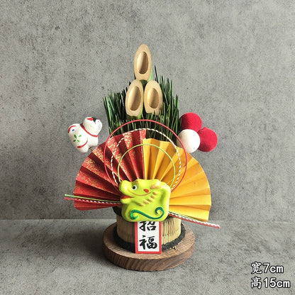 Vaso Três Tubos Leque Dourado com Placa de Madeira, Adorno de Mesa de Ano Novo Japonês (Kadomatsu)
