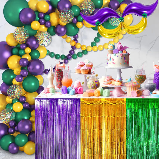 Kit de arco de guirlanda de balões de carnaval, 128 peças, ouro verde roxo com balões