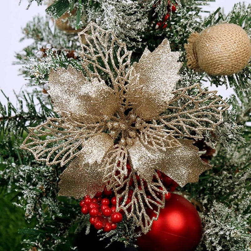 10 Peças de flores artificiais de poinsétia com glitter de Natal, decorações de flores