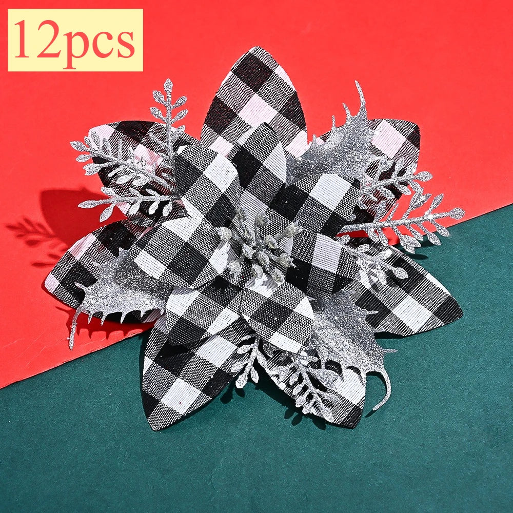 Flor de Poinsétia Artificial Xadrez para decoração de Natal, Tamanho: Cerca de 14 cm a 14,5 cm de largura.