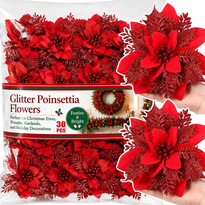 Flores Natal Glitter Artificial 5/10/20/30 peças de Poinsétia de Flores de Natal e Purpurina