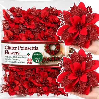 Flores Natal Glitter Artificial 5/10/20/30 peças de Poinsétia de Flores de Natal e Purpurina