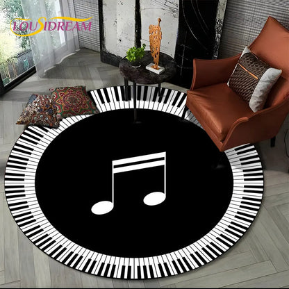 Tapete Redondo Antiderrapante com Estampa Colorida Teclas de Piano e Símbolos 150cm