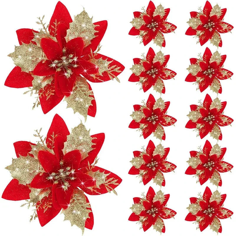 Flor de 5/10 Peças Poinsétia Artificial com Glitter e Enfeites de Natal para shopping