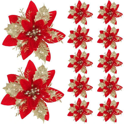 Flor de 5/10 Peças Poinsétia Artificial com Glitter e Enfeites de Natal para shopping
