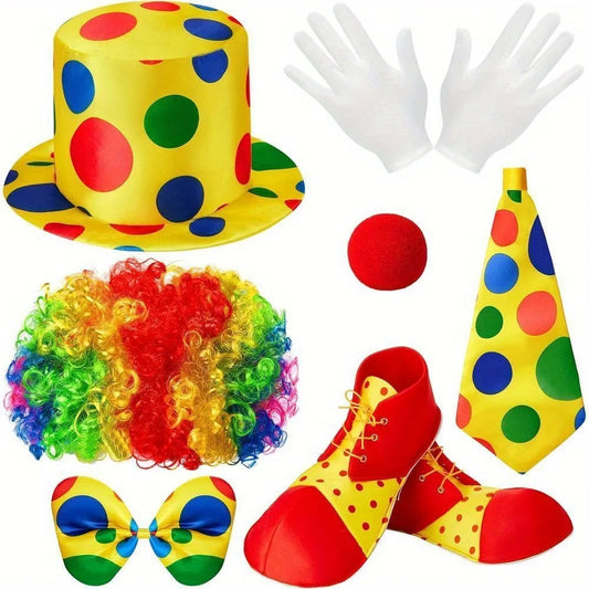 7 Peças fantasia de palhaço de Halloween inclui fantasia nariz sapatos chapéu