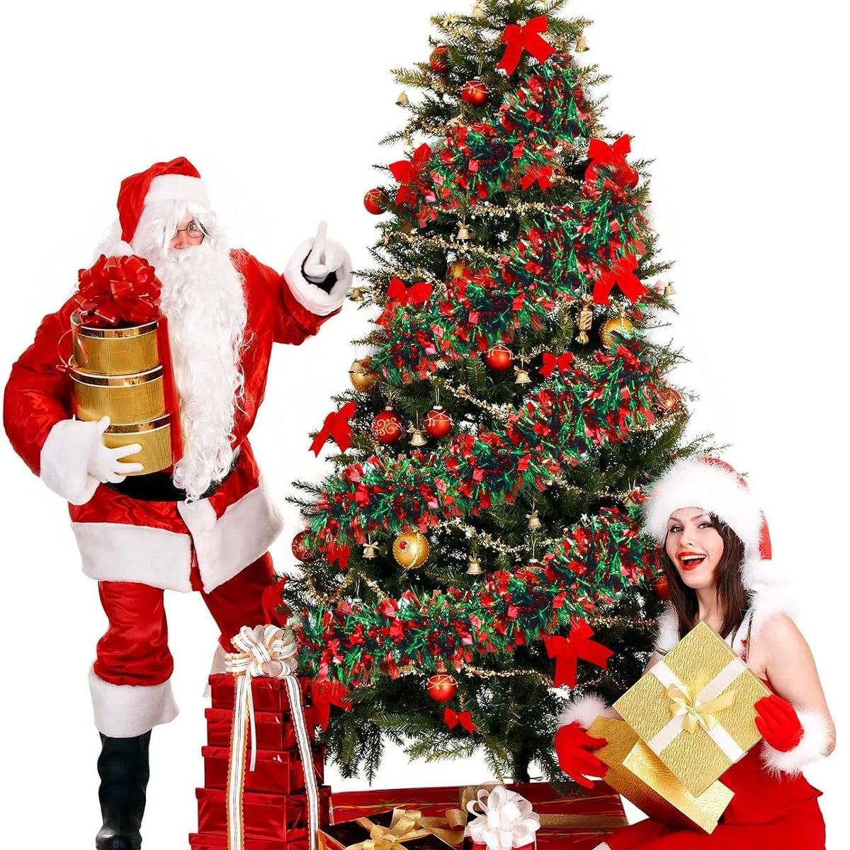 Festão de Natal Metálico com Detalhes de Árvores e Flocos de Neve em Vermelho e Branco