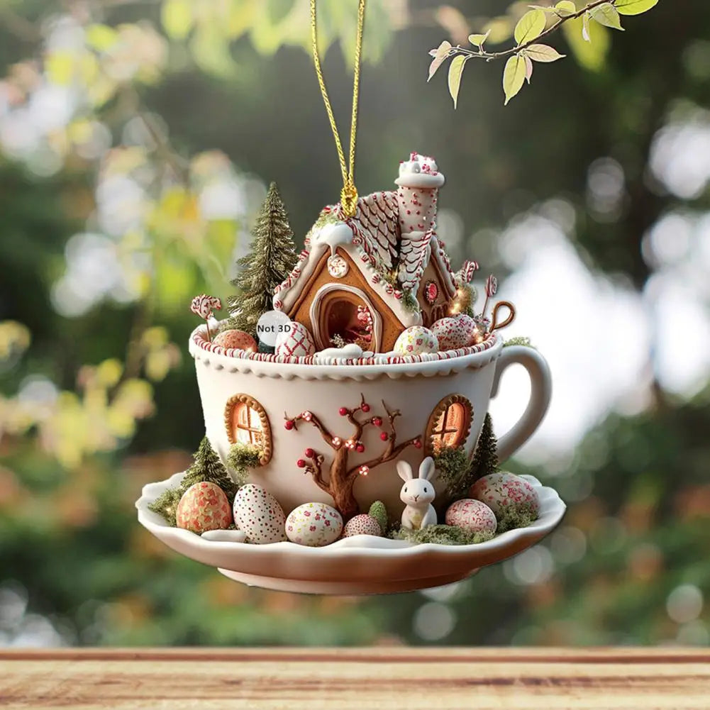 Enfeites de Páscoa de acrílico, pingente de ovo de Páscoa de casa de xícara de café