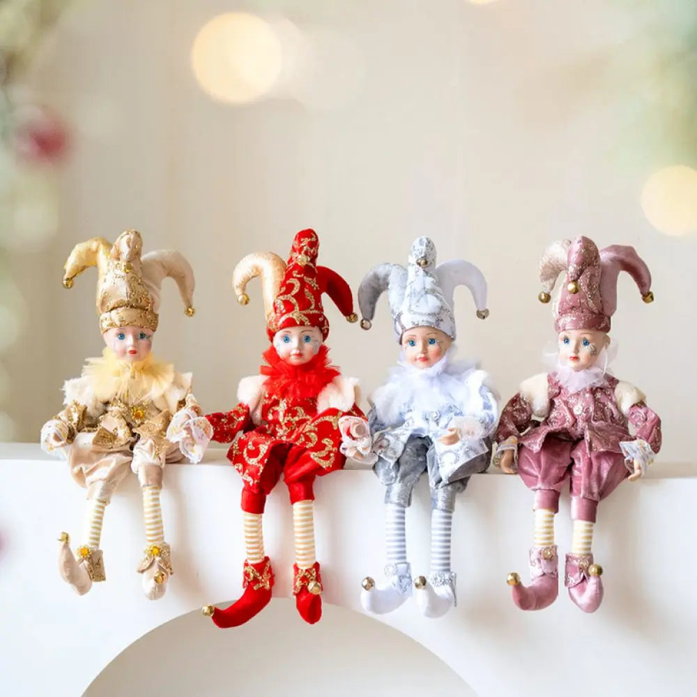 Bonecos Decorativos de Palhaço ou Pierrot de Natal com Pernas Articuladas em Tons Dourado, Vermelho, Prata