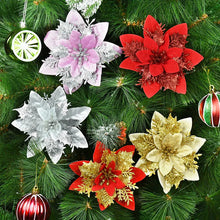 Carregar imagem no visualizador da galeria, 10 peças de flores artificiais de poinsétia com glitter, ornamentos de árvore de Natal
