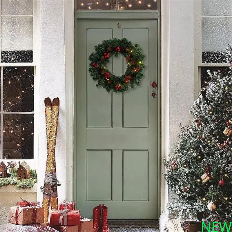 Guirlandas De Natal Verde 40cm Aramado Para Porta Verde-escuro com luz LED
