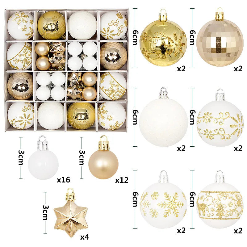 Bolas Natal 44 Unidades de Bolas para Enfeitar Árvore de Natal, Ouro Branco, Tamanho Real