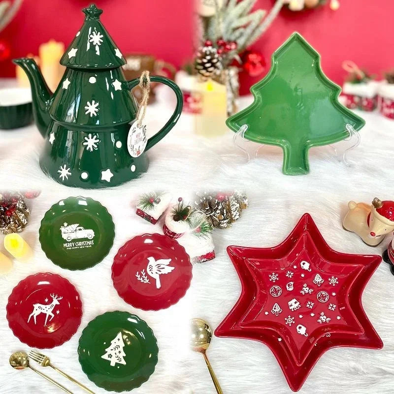 Bule de Chá em Formato de Árvore de Natal (820ml) e Bule de Porcelana Árvore de Natal Decorativo Cerâmica